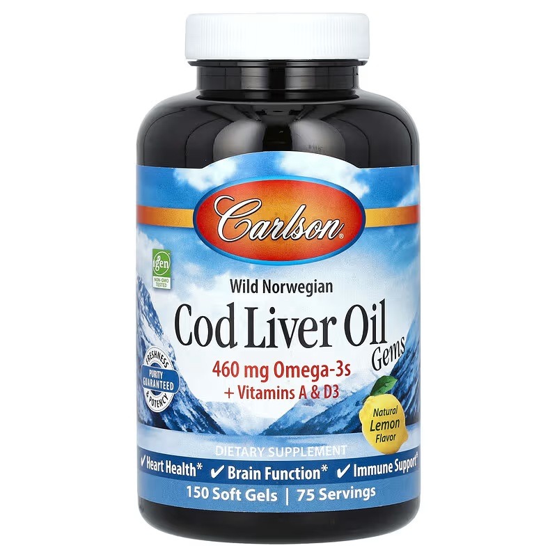 Жир печінки норвезької тріски, смак лимона, Wild Norwegian, Cod Liver Oil Gems, Carlson, 150 гелевих капсул