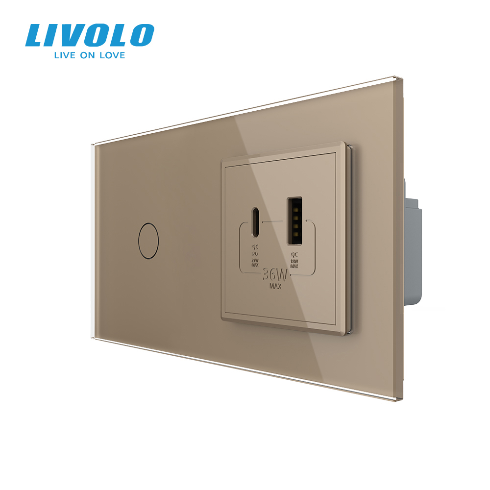 Розумний сенсорний (дотиковий) прохідний вимикач LIVOLO з розеткою USB-A + USB-C 36Вт золотий скляна рамка