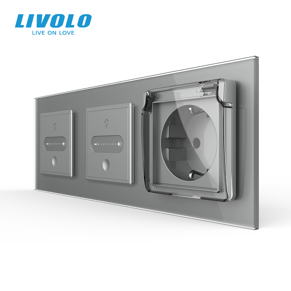 Розумний прохідний сенсорний димер LIVOLO 2 сенсори (1-1) з розеткою IP44, кришка, сірий 2.5D скло, заземлення