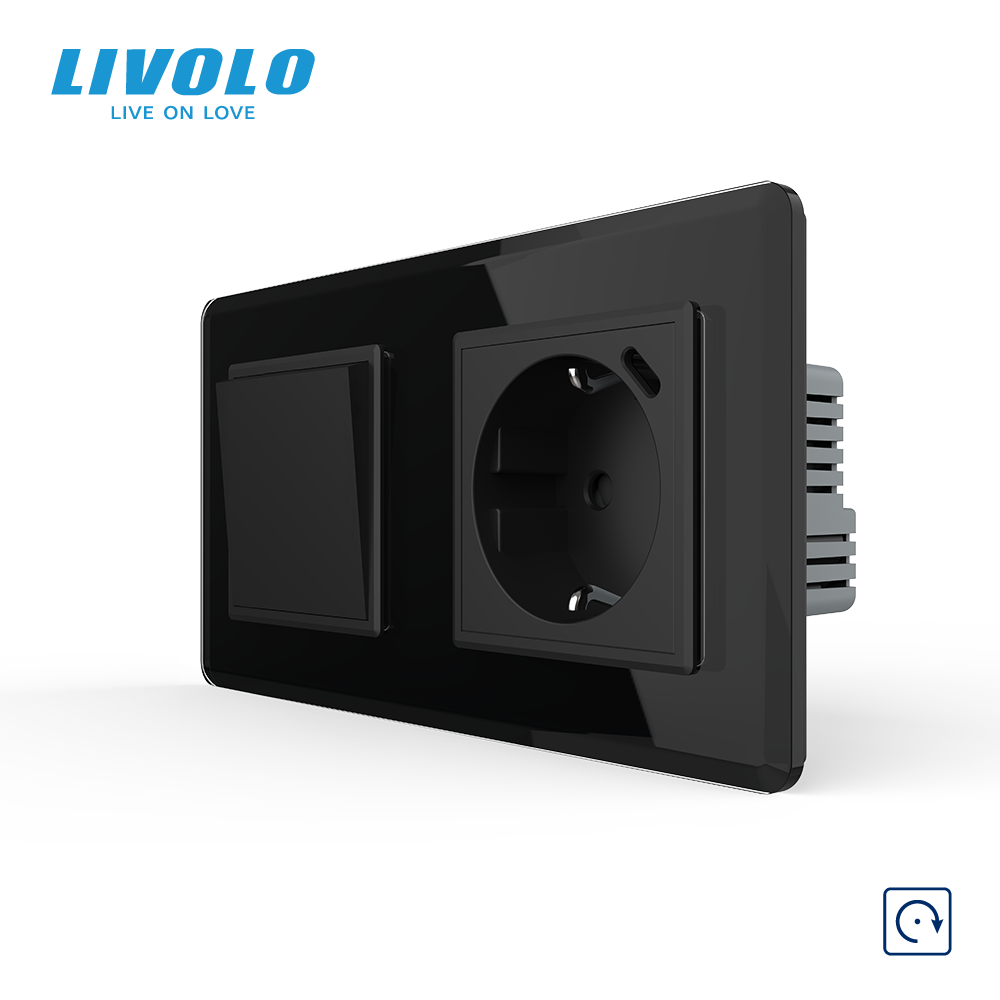 Вимикач без фіксації LIVOLO з розеткою та USB Type-C 18Вт, чорний 2.5D, скло, із заземленням і захисними шторками