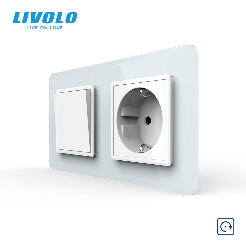 Вимикач без фіксації з розеткою LIVOLO білий 2.5D скло, 16А 230В, із заземленням, захисні шторки