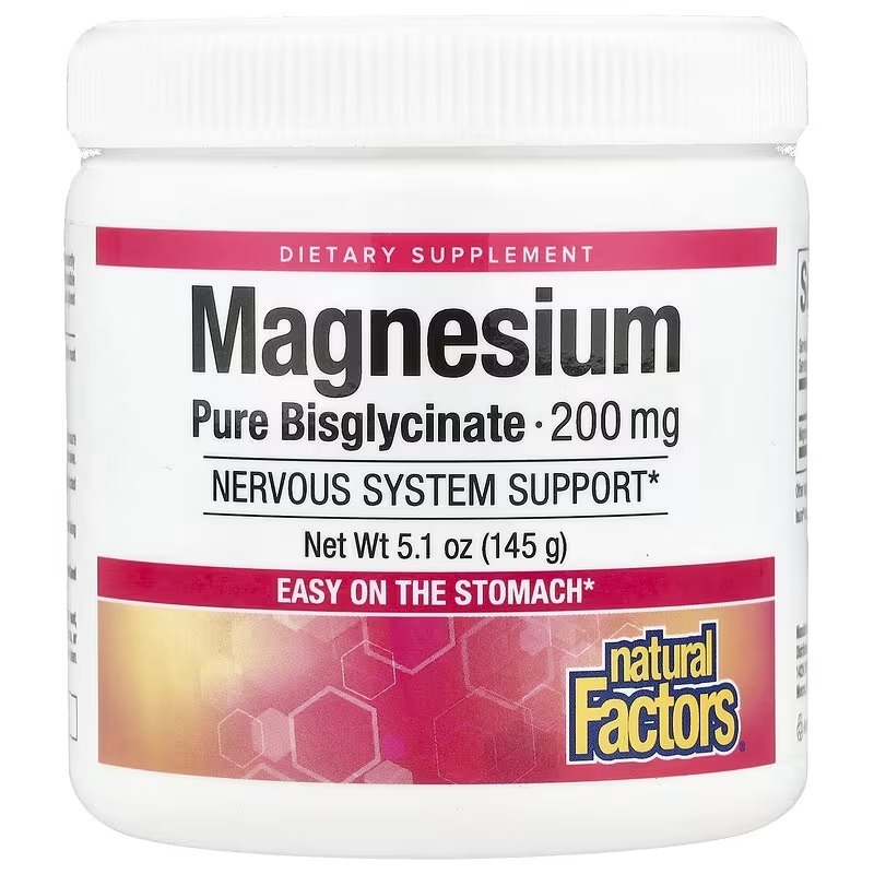 Магній Бісгліцинат у порошку, 200 мг, Magnesium Bisglycinate, Pure, Natural Factors, 120 гр