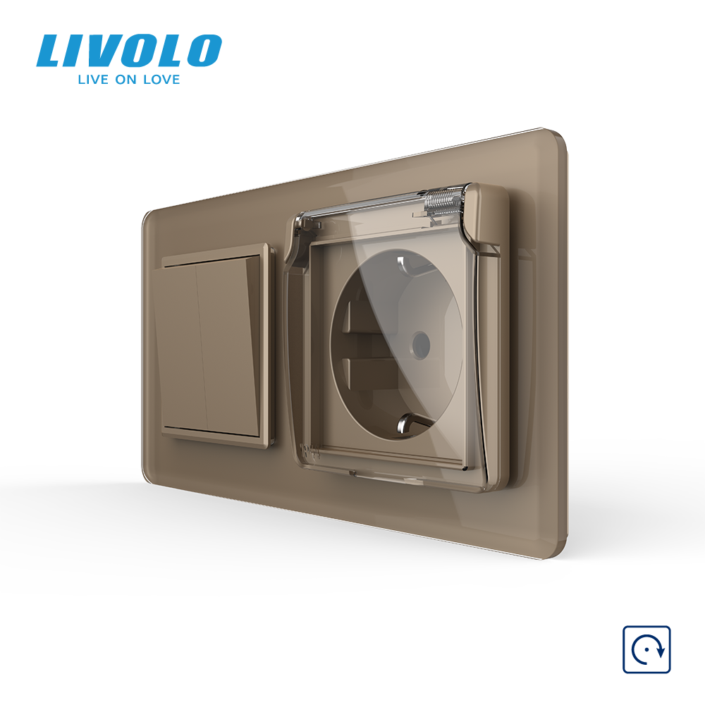 Вимикач без фіксації подвійний з розеткою кришка IP44 LIVOLO золотий 2.5D скло, із заземленням, захисні шторки