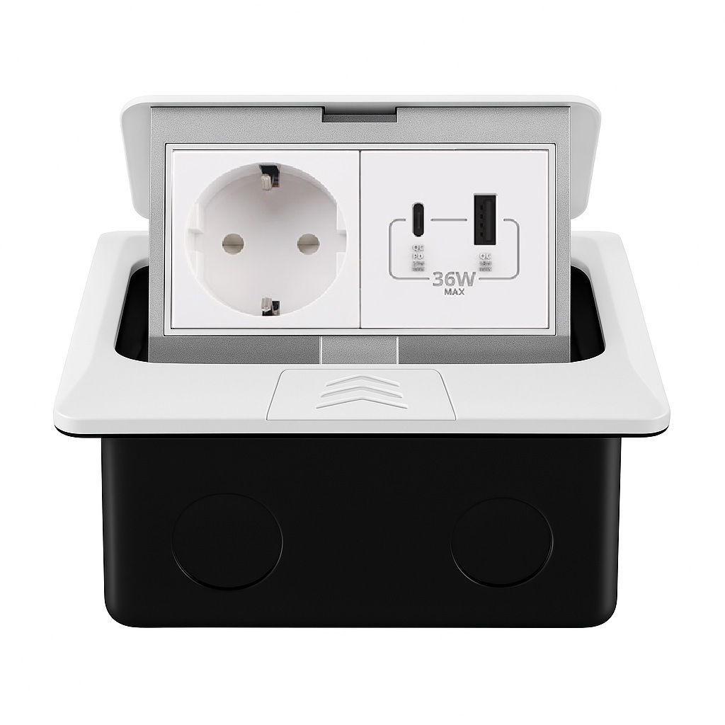 Розетка підлогова подвійна LIVOLO біла, вбудована у підлогу, з USB-A і USB Type-C 36 Вт, для кухні, офісу чи конференц-залу, з кришкою, висувна, з заземленням, IP44, плавне відкриття, алюміній, розмір 145×145×65 мм (VL-SHS016-FCTC-FCUA.UC-W)