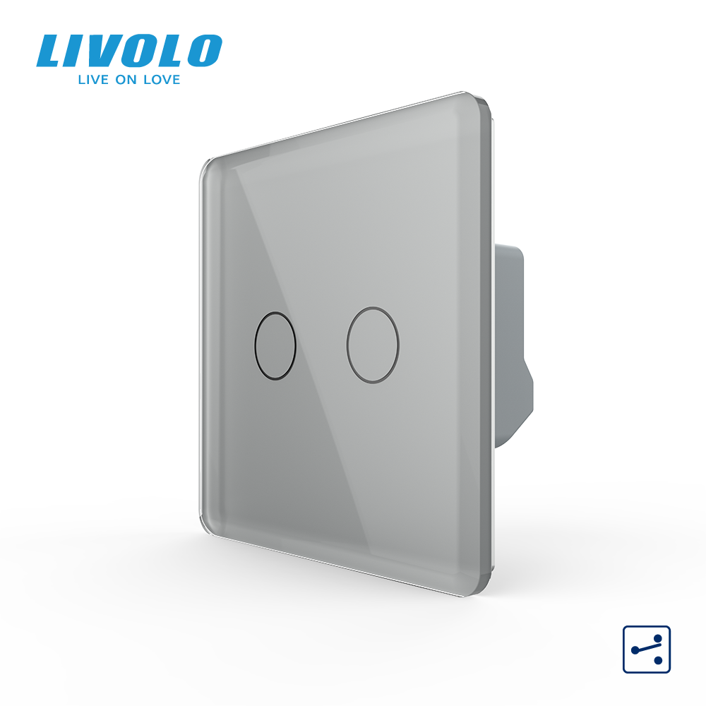 Сенсорний прохідний / перехресний вимикач LIVOLO, 2-сенсорний, сірий 2.5D скло, 5А 230В, без нейтралі