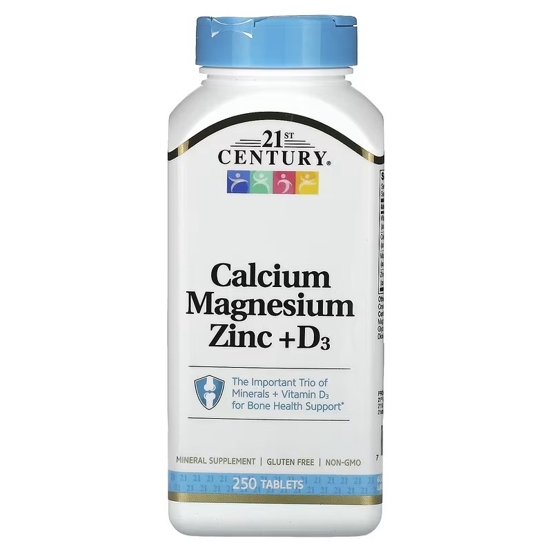 Кальцій, Магній, Цинк та Вітамін D3, Calcium Magnesium Zinc + D3, 21st Century, 250 таблеток