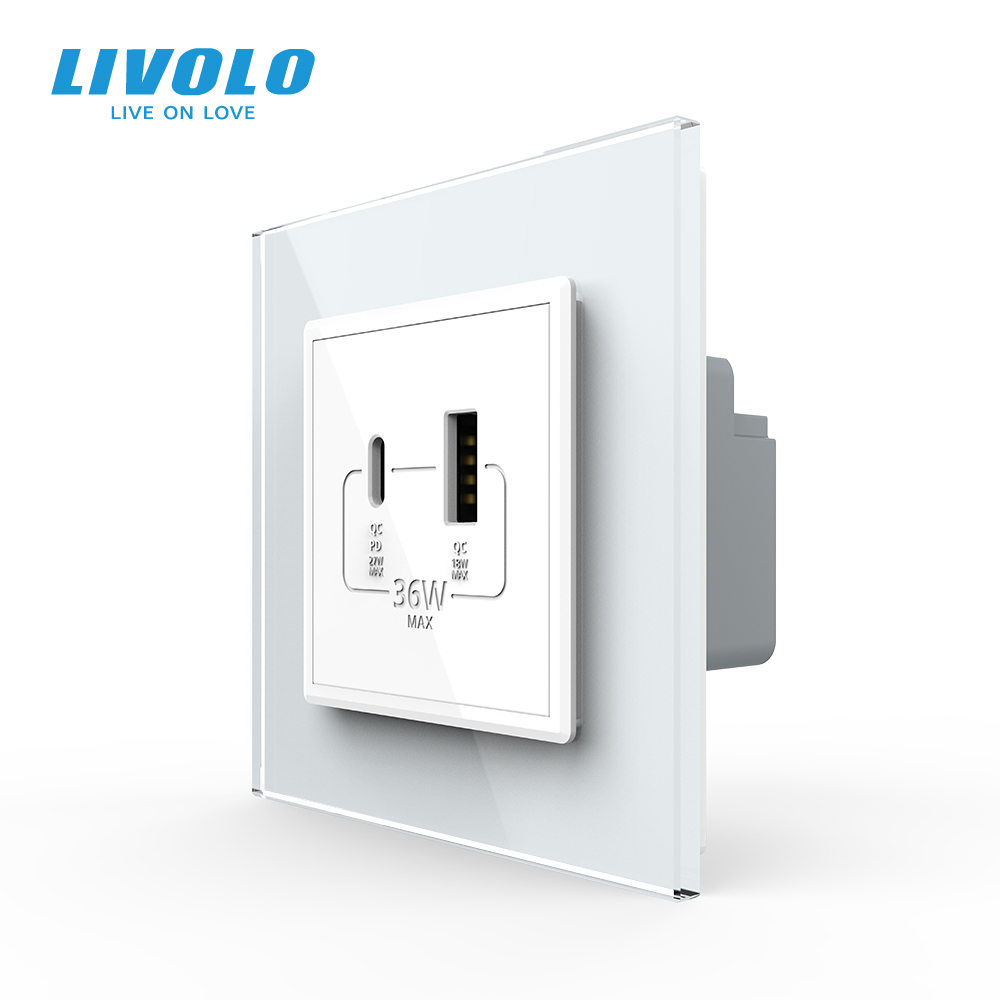 Розетка USB-A та USB-C з Power Delivery 36W Livolo білий скло (VL-C7FCUA18W.UC18W-2WP)