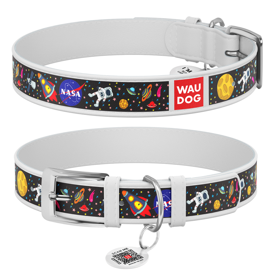 Нашийник для собак шкіряний WAUDOG Design з QR паспортом, малюнок "NASA", L, Ш 25 мм, Дов 38-49 см білий