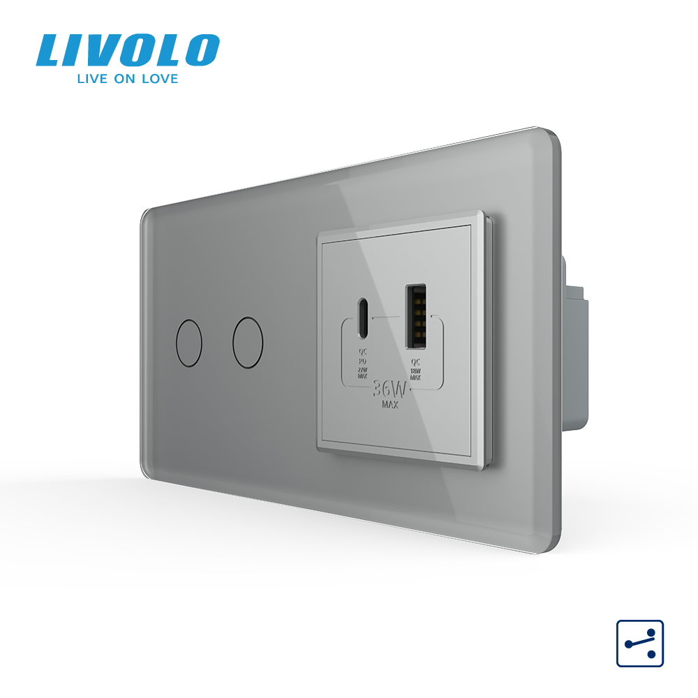 Сенсорний (дотиковий) прохідний подвійний вимикач LIVOLO з розеткою USB-A + USB-C 36 Вт сірий 2.5D скляна рамка