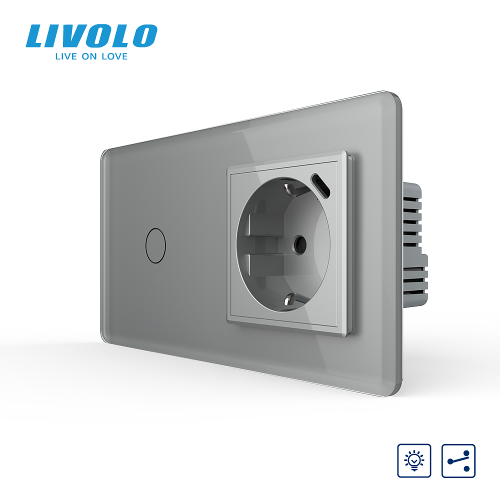 Прохідний сенсорний димер LIVOLO з розеткою та USB Type-C 18Вт, сірий 2.5D, із заземленням і захисними шторками
