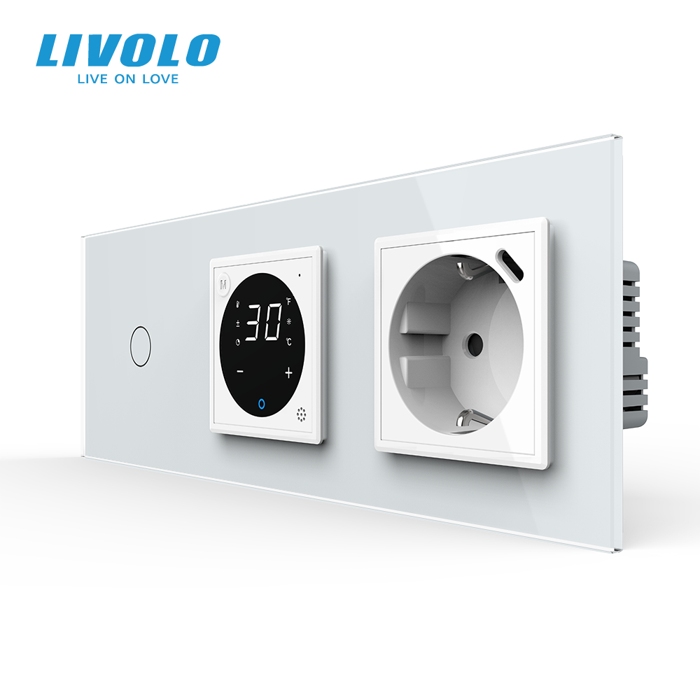 Терморегулятор для теплої підлоги + сенсорний вимикач + USB Type-C 18Вт LIVOLO, білий скляний