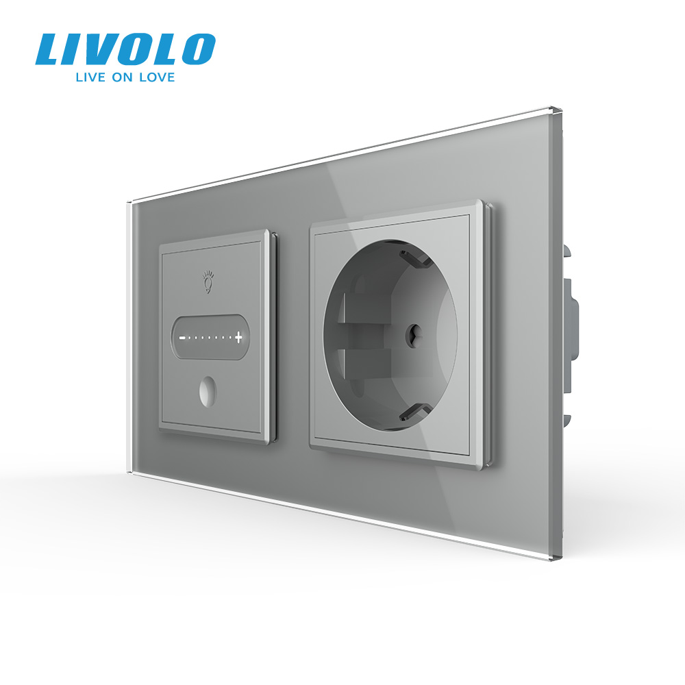 Розумний сенсорний прохідний димер з розеткою LIVOLO 16А 230В із заземленням, шторки, сірий 2.5D, скло