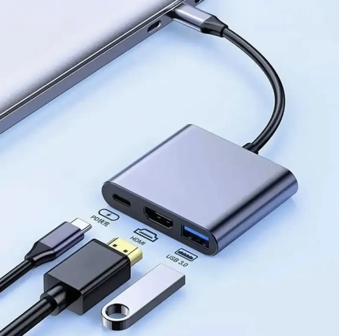 Перехідник адаптер 3в1 із Type-C на HDMI, USB, USB-C / Конвертер Full HD, 1080p, 4K, 2K, UHD