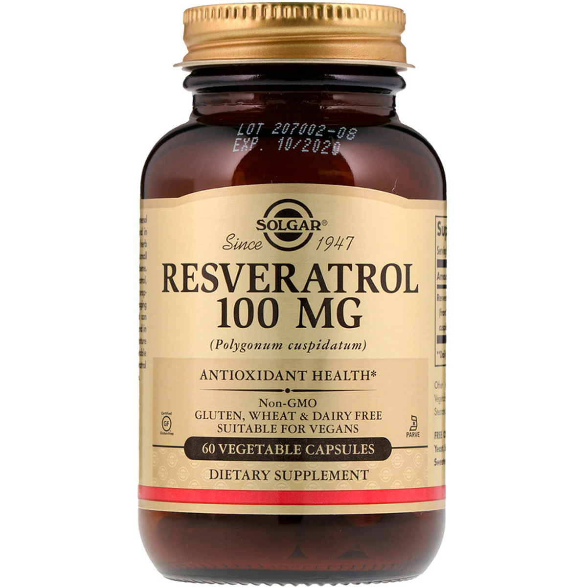 Ресвератрол, 100 мг, Resveratrol, Solgar, 60 вегетарианских капсул