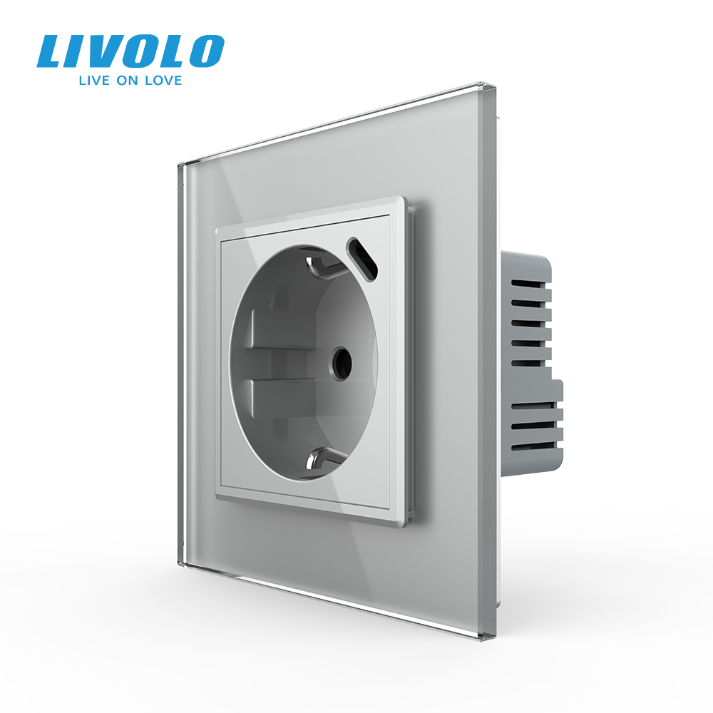 Електрична розетка з USB Type-C 18Вт для зарядки, з заземленням, LIVOLO, сіра, скляна рамка, 250В 16А (VL-C7CTF16A.UC18W-2IP)