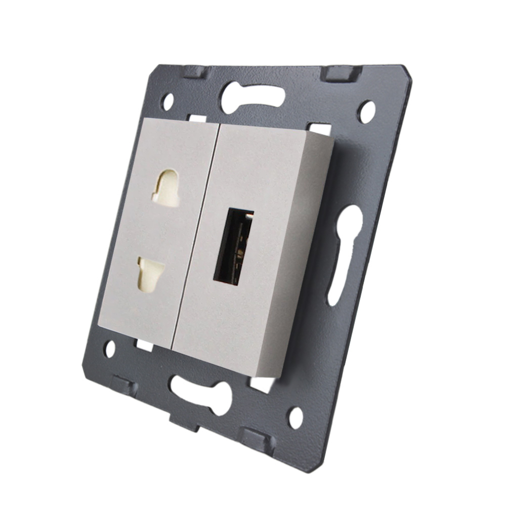 Розетка LIVOLO універсальна + USB зарядка 5V 2.1A, сіра, 16А 230В, з шторками, модуль (C7-C1A1USB-15)