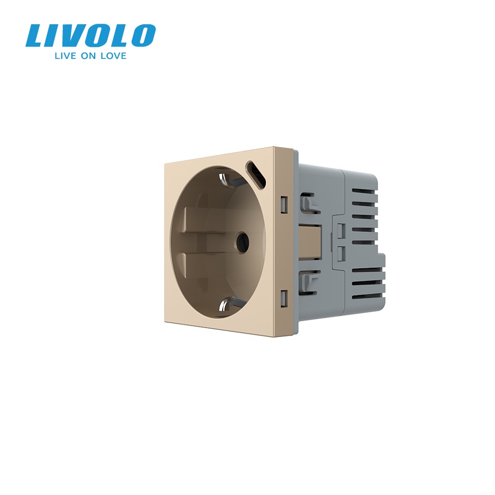 Електрична розетка LIVOLO з USB Type-C PD 18Вт, швидке заряджання iPhone, золота, 16А 230В, із заземленням, шторки, модуль (VL-FCTF16A.UC18W-2AP)