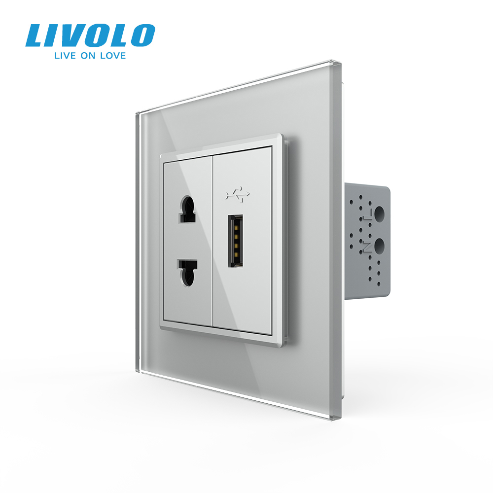 Розетка універсальна з USB розеткою LIVOLO сіра 2.5D скло