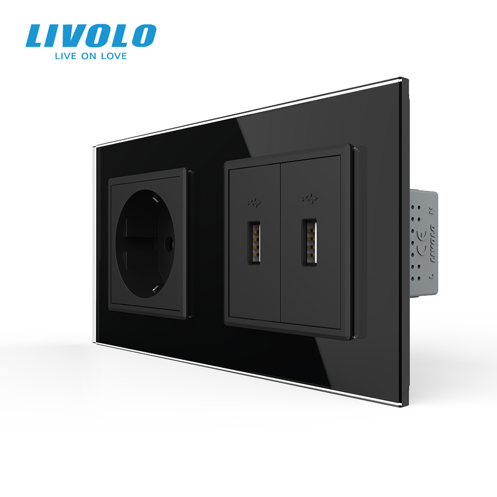 Розетка LIVOLO з заземленням і двома USB розетками, чорна, настінна дизайнерська, скляна рамка