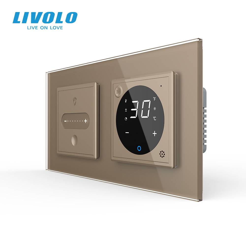 Розумний терморегулятор для теплої підлоги + сенсорний димер LIVOLO, програмований, золотий, скляна рамка