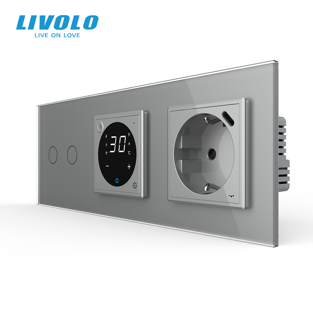 Терморегулятор LIVOLO з прохідним подвійним вимикачем і розеткою USB Type-C 18 Вт, сірий, скло