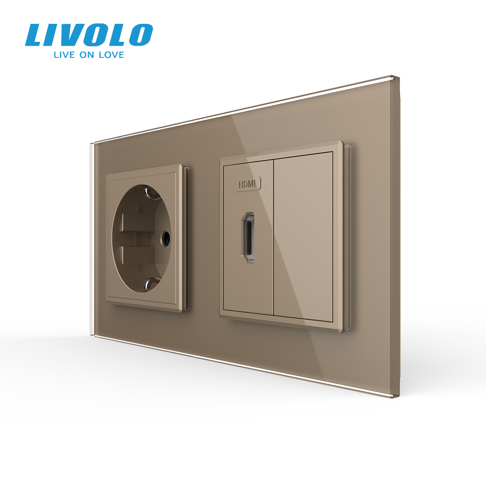 Розетка HDMI LIVOLO, золота, настінна дизайнерська, скляна рамка