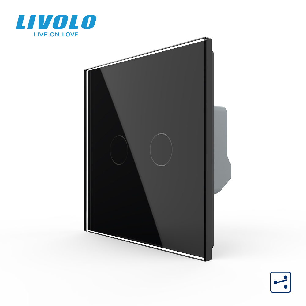 Сенсорний вимикач LIVOLO, 2-сенсорний, чорний скляний, прохідний / перехресний, 5А 230В, без нейтралі (VL-C7FC2S-2BP)