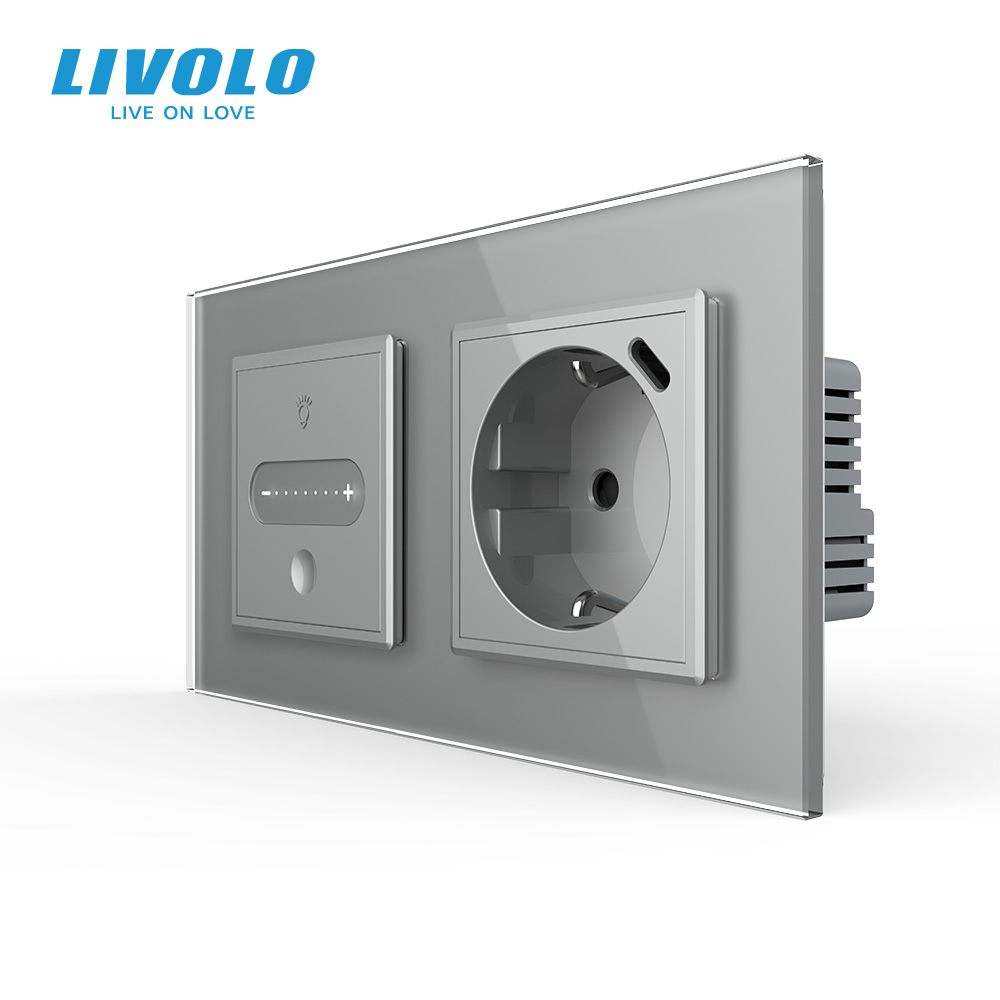 Розумний сенсорний димер з розеткою USB Type-C 18Вт LIVOLO 16А 230В, із заземленням, шторки, сірий, скло