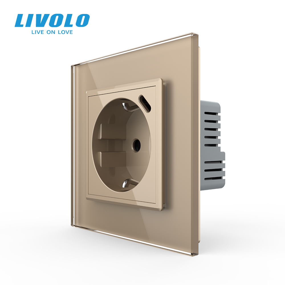 Електрична розетка з USB Type-C 18Вт для зарядки, з заземленням, LIVOLO, золота, скляна рамка, 250В 16А (VL-C7CTF16A.UC18W-2AP)