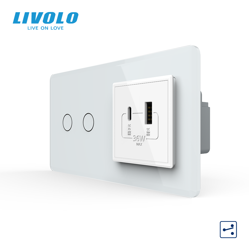 Сенсорний (дотиковий) прохідний подвійний вимикач LIVOLO з розеткою USB-A + USB-C 36 Вт білий 2.5D скляна рамка