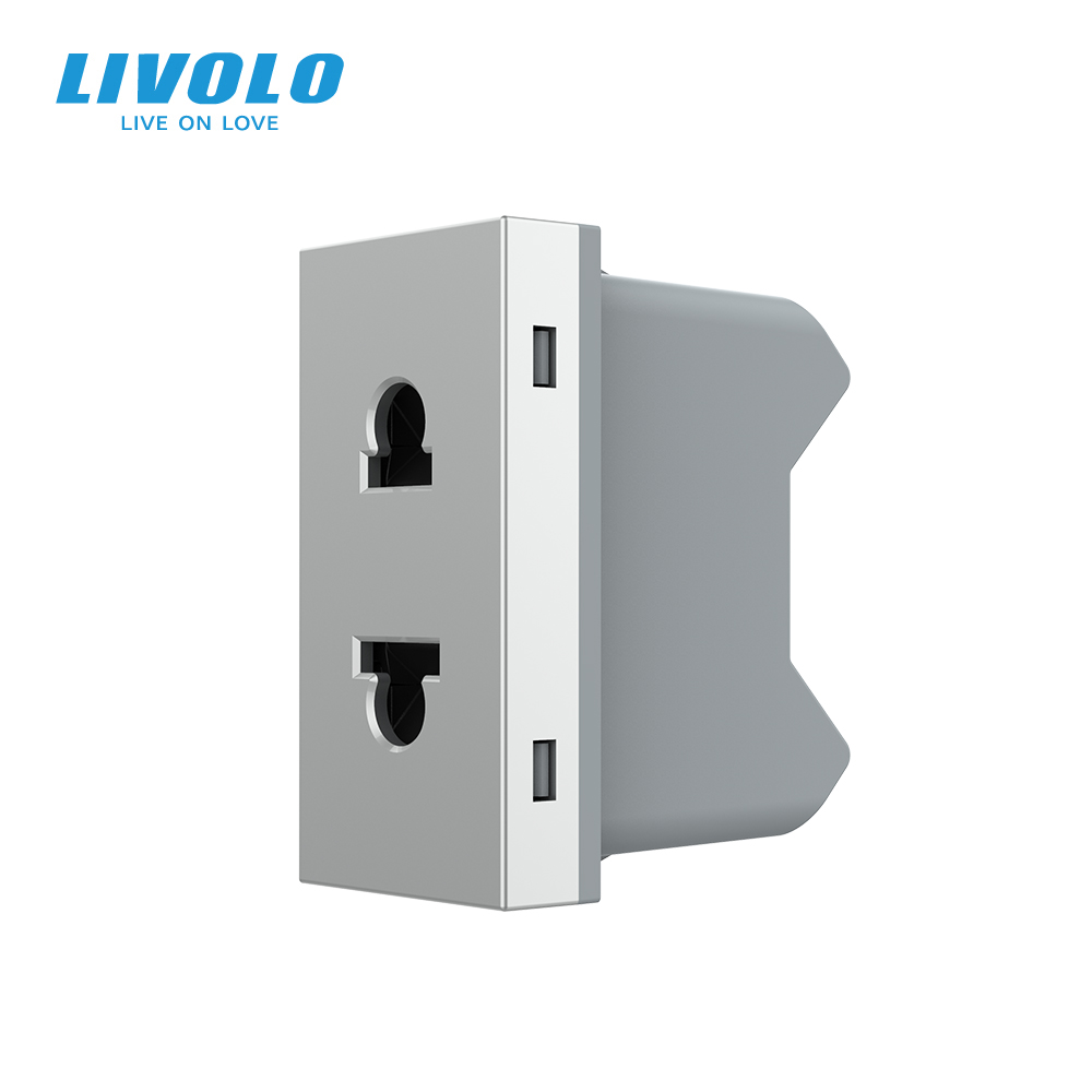 Універсальна розетка LIVOLO 2 в 1, сіра, без заземлення, з захисними шторками, модуль 0.5 поста, 16А 250В (VL-FCT25 16A-1IP)