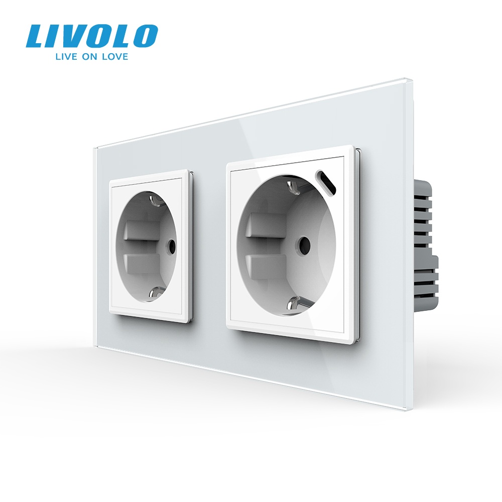 Подвійна розетка LIVOLO з USB Type-C 18Вт, із заземленням, шторки, біла, скляна рамка, 250В, 16А