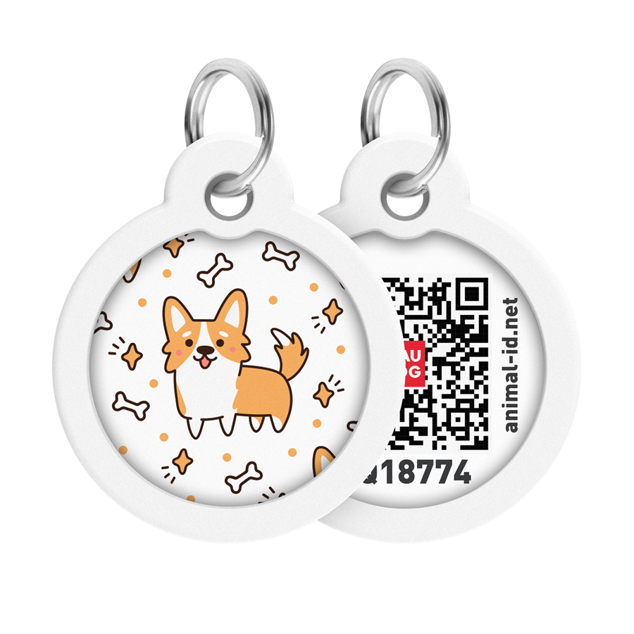 Адресник для собак і котів металевий WAUDOG Smart ID з QR паспортом, малюнок "Коргі", коло, Д 30 мм