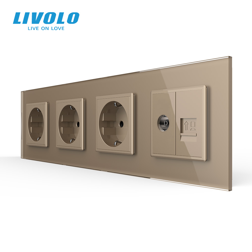 Розетка чотиримісна комбінована Силова Інтернет ТБ Livolo золото скло (VL-C7C3EU1C1V-13)