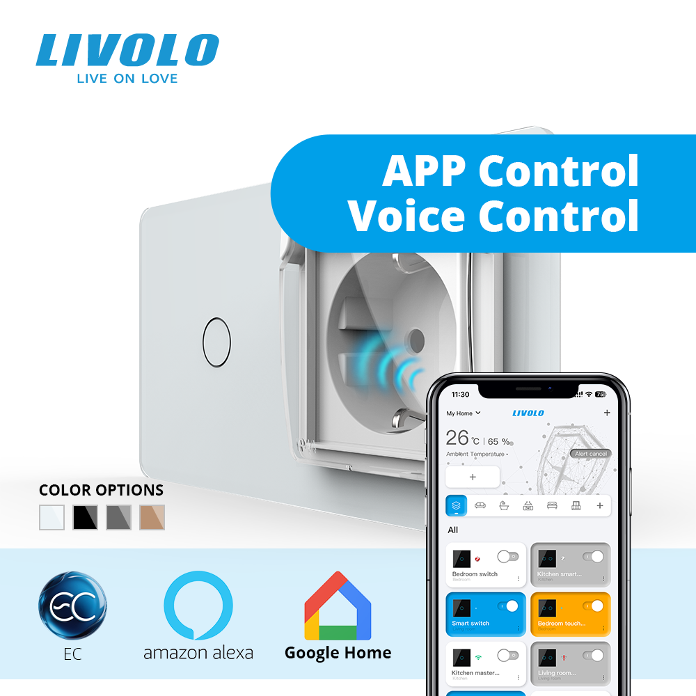 Розумний сенсорний (дотиковий) вимикач LIVOLO з розеткою IP44 кришка білий 2.5D 16А 230В із заземленням шторки скло