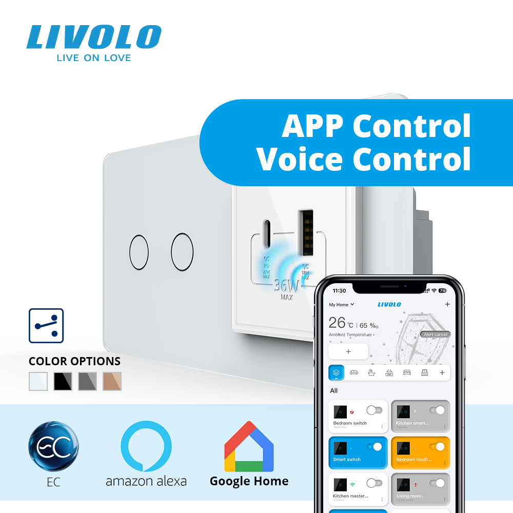 Розумний сенсорний подвійний прохідний вимикач LIVOLO з розеткою USB-A + USB-C 36Вт білий 2.5D скляна рамка