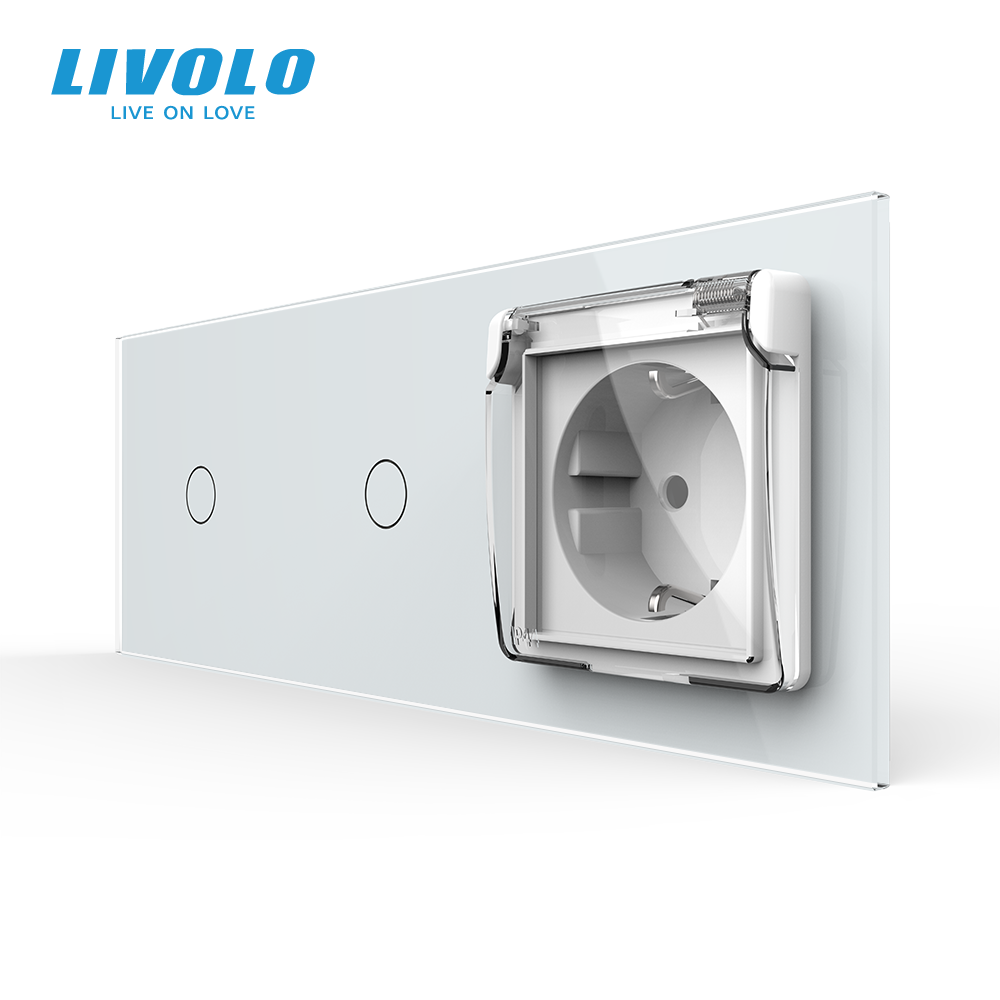 Прохідний сенсорний димер LIVOLO 2 сенсори (1-1) з розеткою IP44, кришка, 16A 230V, заземлення, білий скло