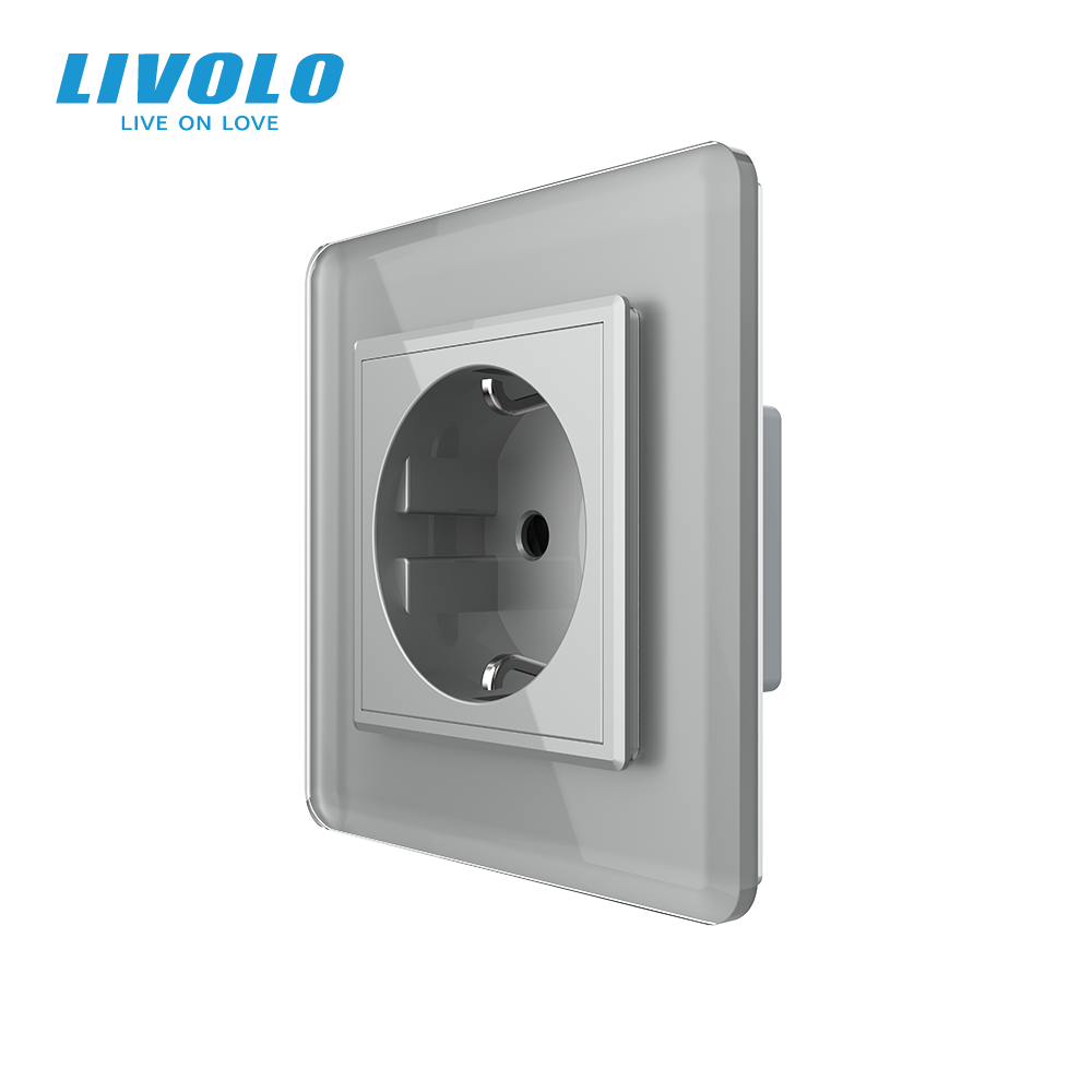 Електрична розетка з заземленням LIVOLO, сіра, скляна 2.5D рамка, шторки, 250В 16А