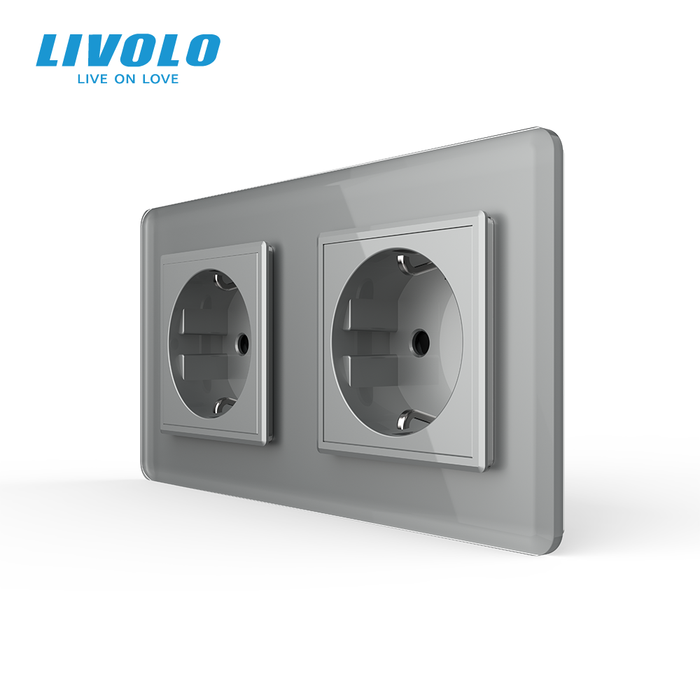 Подвійна електрична розетка з заземленням LIVOLO, сіра, скляна 2.5D рамка, шторки, 250В 16А