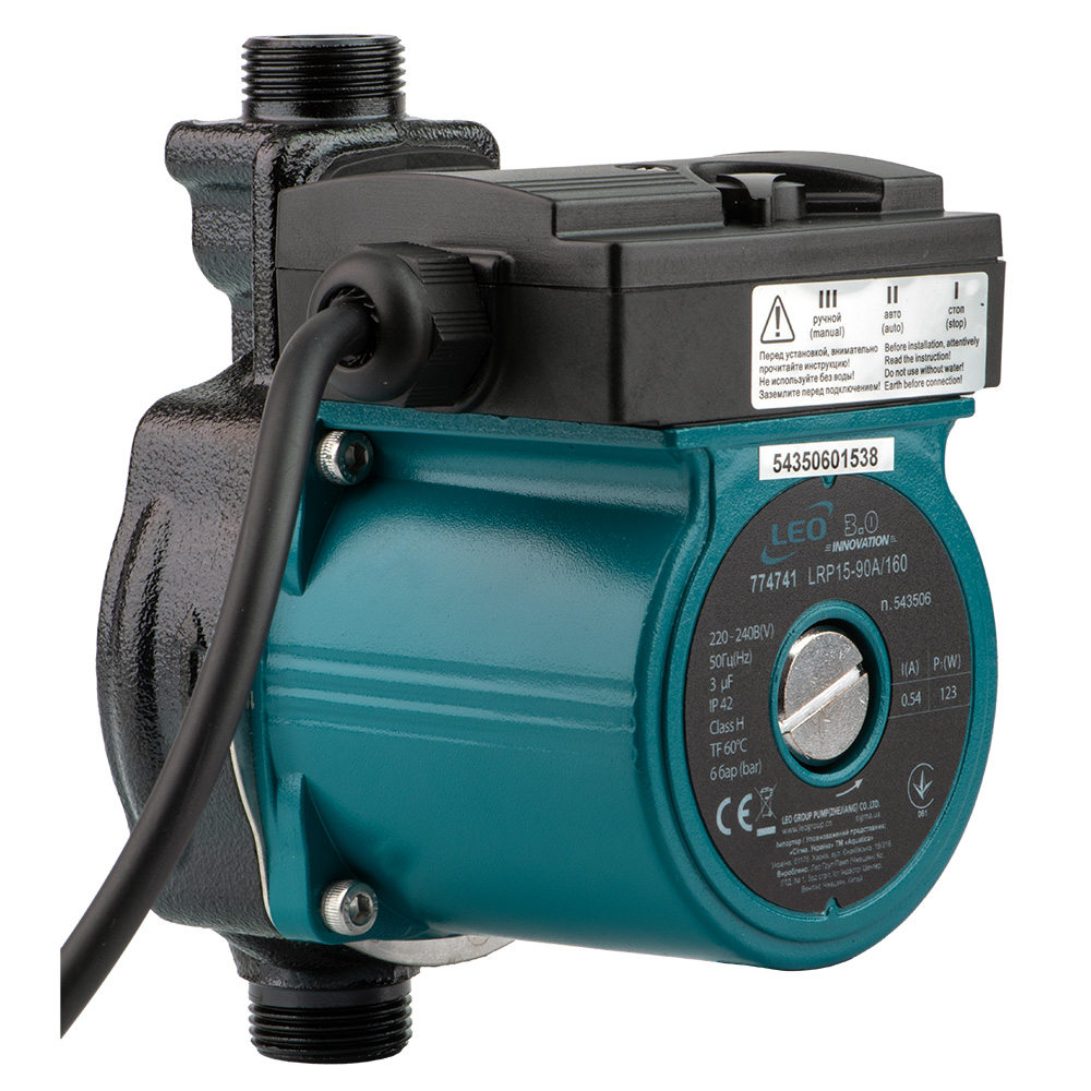 Насос для повышения давления 123Вт Hmax 9м Qmax 25л/мин Ø¾" 160мм + гайки Ø½" LEO 3.0 LRP15-90A/160 (774741)
