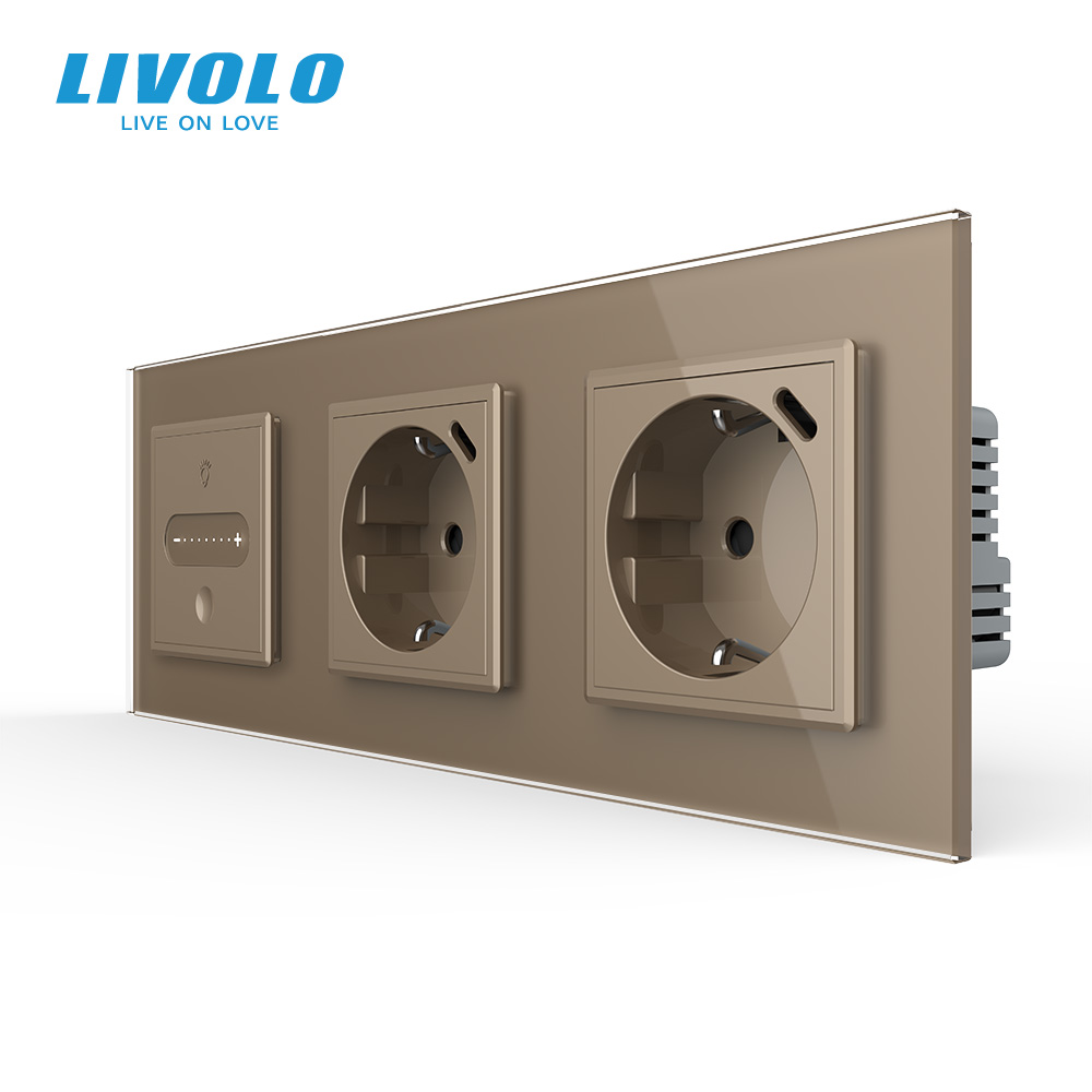 Розумний сенсорний димер LIVOLO з двома розетками з USB Type-C 18Вт, золотий, скло, 16A 230V, заземлення