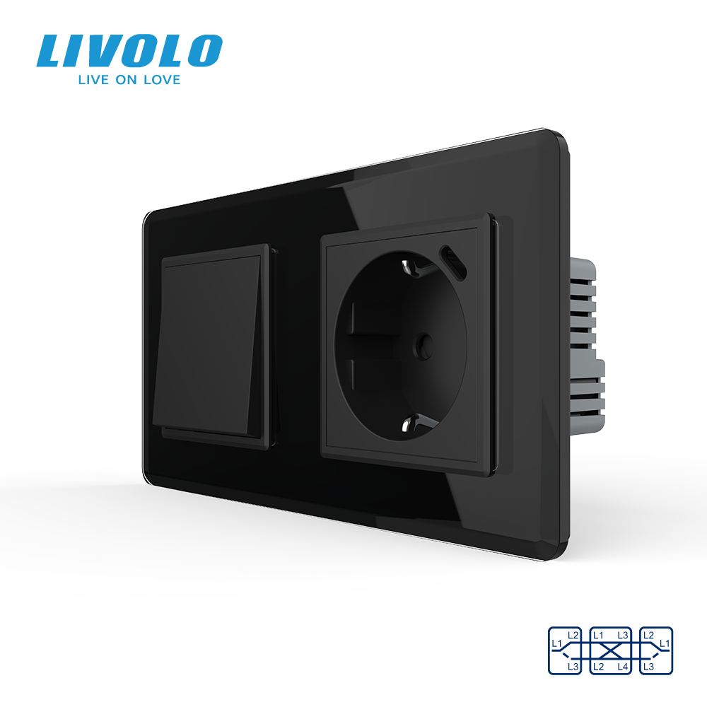 Перехресний вимикач LIVOLO з розеткою та USB Type-C 18Вт, чорний 2.5D, скло, із заземленням і захисними шторками