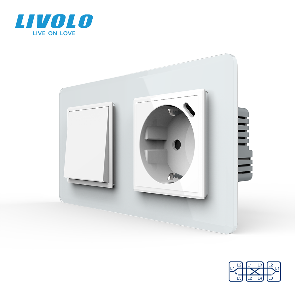 Перехресний вимикач LIVOLO з розеткою та USB Type-C 18Вт, білий 2.5D, скло, із заземленням і захисними шторками