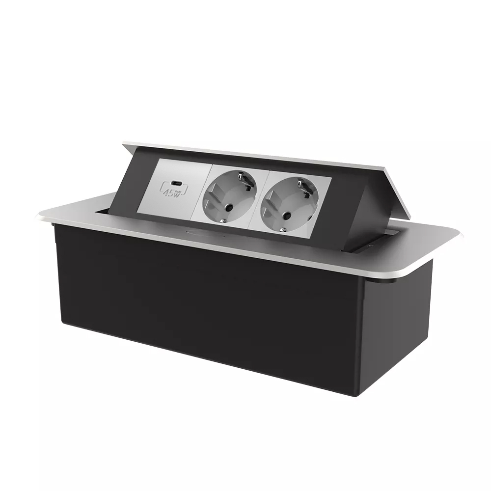 Меблева розетка потрійна LIVOLO срібна, вбудована у стільницю, з USB Type-C 45 Вт, висувна, з заземленням, плавне відкриття, алюміній (VL-SHS013-TC-UC45W-6IP-S)