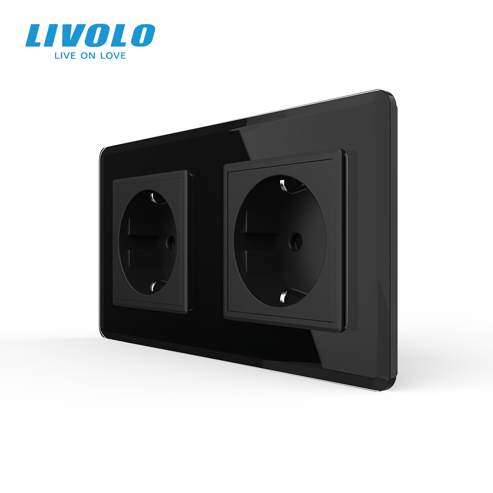 Подвійна електрична розетка з заземленням LIVOLO, чорна, скляна 2.5D рамка, шторки, 250В 16А