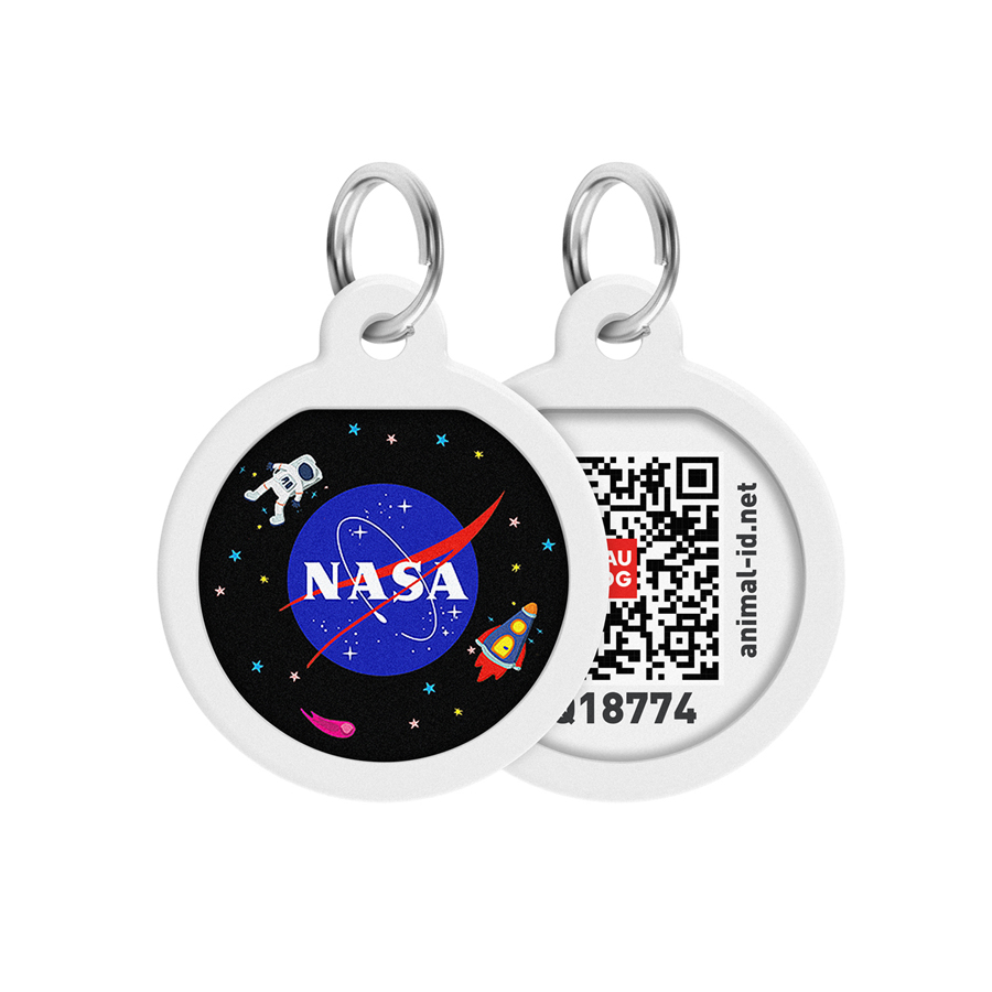 Адресник для собак та котів металічний WAUDOG Smart ID з QR паспортом, малюнок "NASA", круг, Д 25 мм