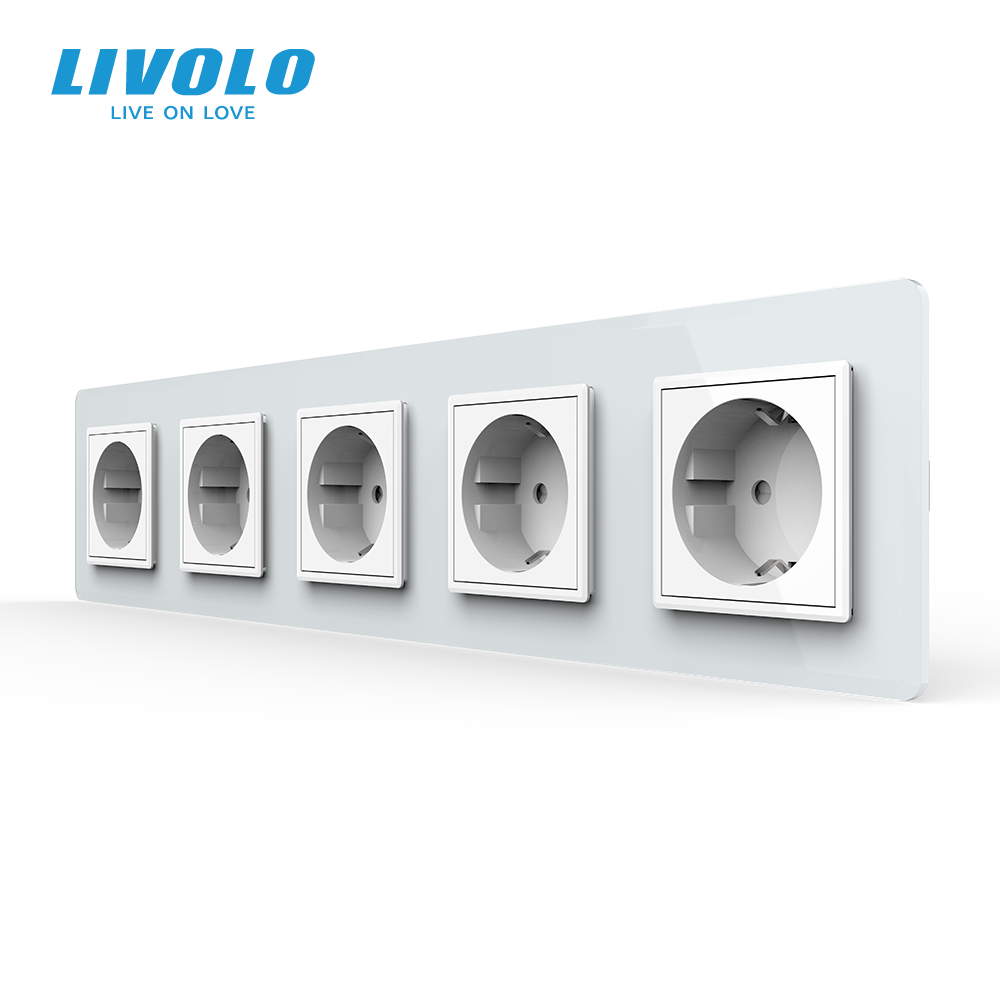 П’ятимісна електрична розетка з заземленням LIVOLO, біла, скляна 2.5D рамка, шторки, 250В 16А