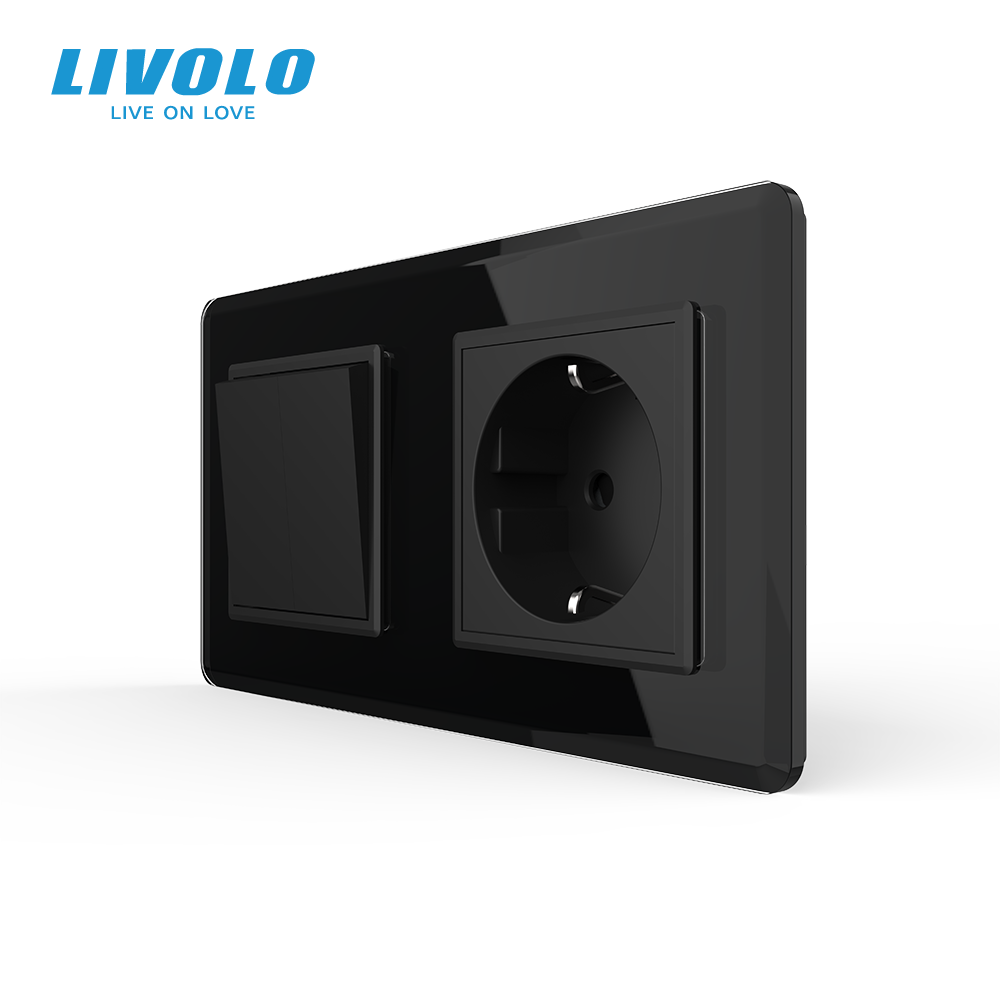 Двоклавішний вимикач з розеткою LIVOLO чорний 2.5D скло