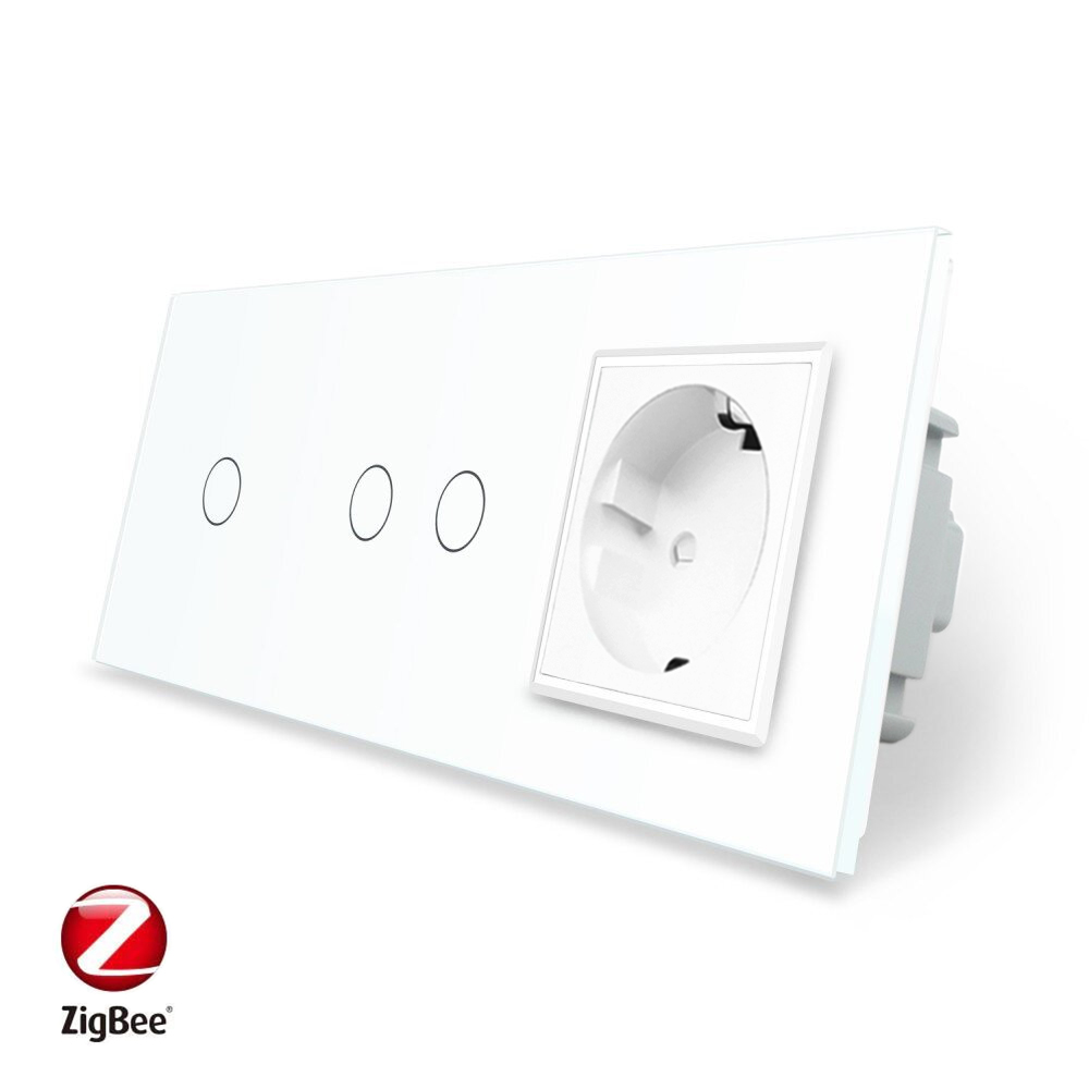 Розумний сенсорний ZigBee вимикач 3 сенсора (1-2) 1 розетка Livolo білий скло (VL-C701Z/C702Z/C7C1EU-11)