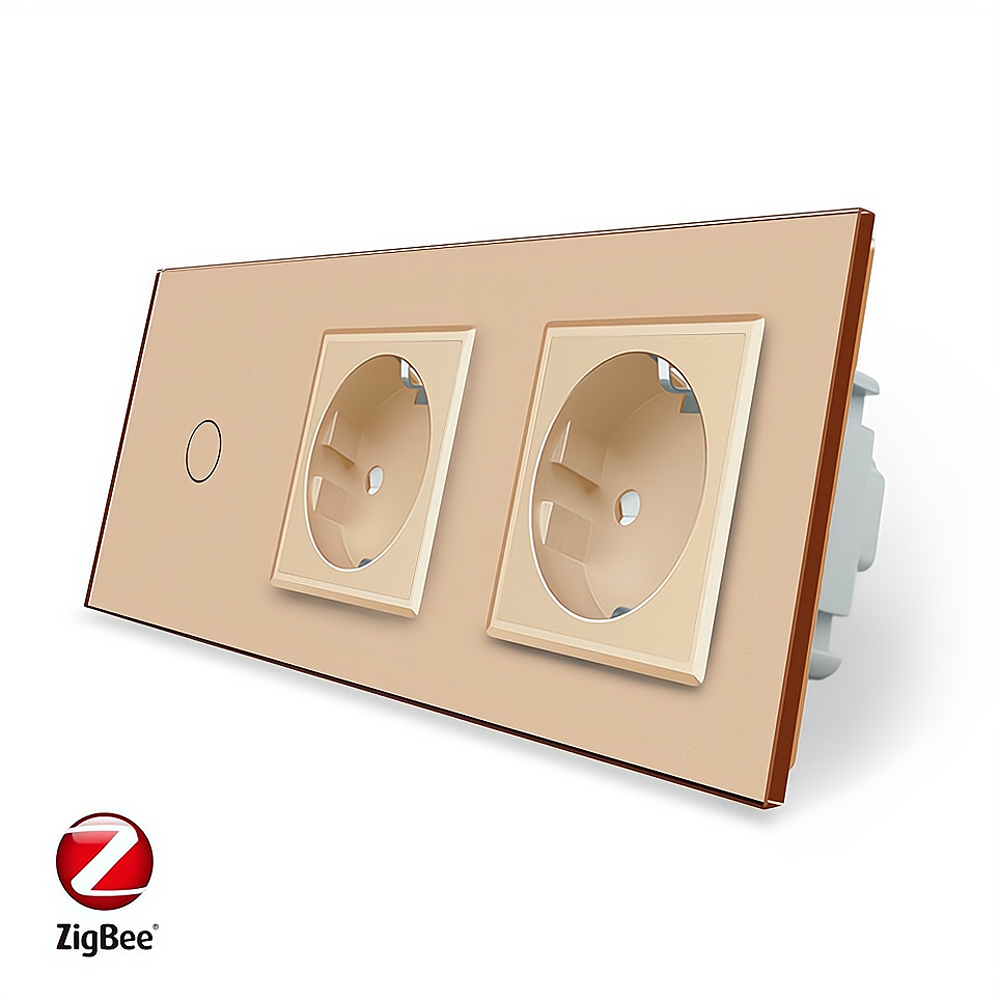 Розумний сенсорний ZigBee вимикач 1 сенсор 2 розетки Livolo золото скло (VL-C701Z/C7C2EU-13)